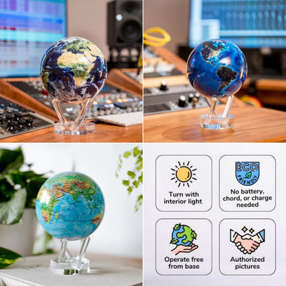 8.5” Self-Rotating Globe Powered by Light | Silent Motion, No Batteries or Wires | Unique Desk Decor
