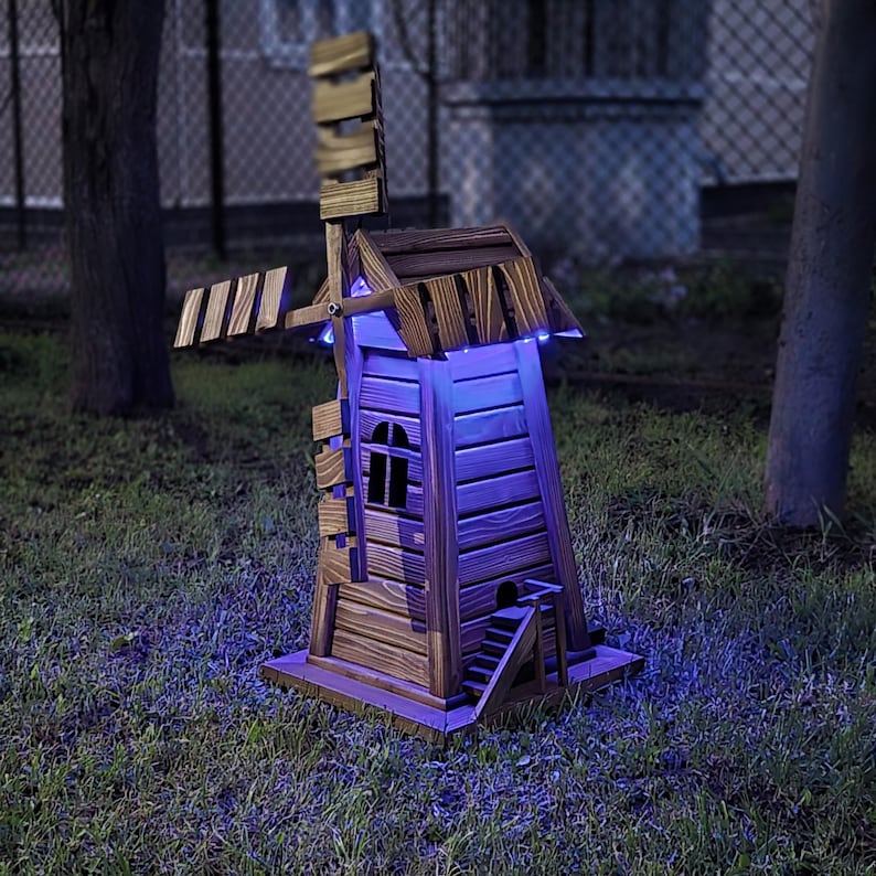 Wooden Garden Windmill with LED Lights – Four-Sided Rustic Yard Decoration