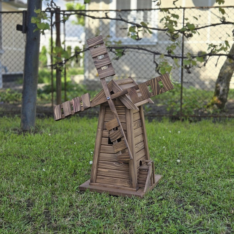 Wooden Garden Windmill with LED Lights – Four-Sided Rustic Yard Decoration