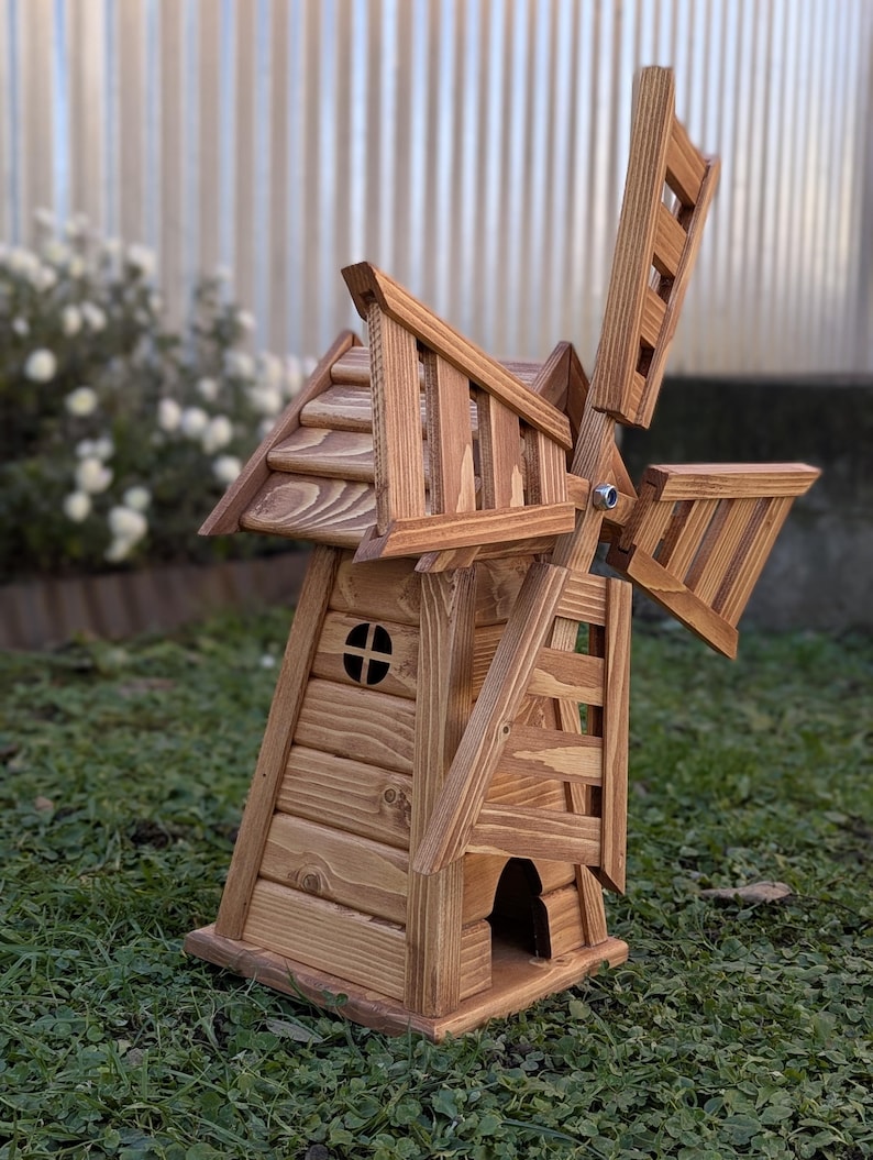 Wooden Garden Windmill with LED Lights – Four-Sided Rustic Yard Decoration