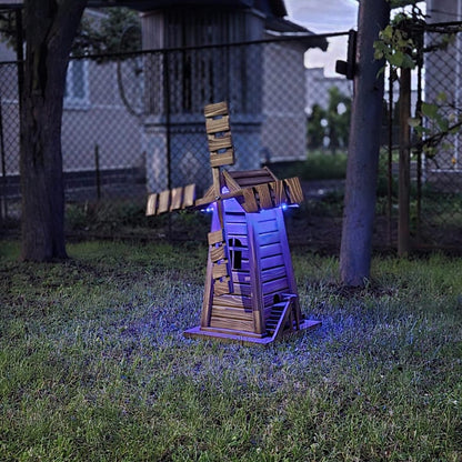 Wooden Garden Windmill with LED Lights – Four-Sided Rustic Yard Decoration