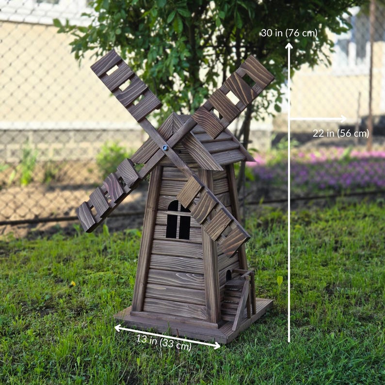 Wooden Garden Windmill with LED Lights – Four-Sided Rustic Yard Decoration