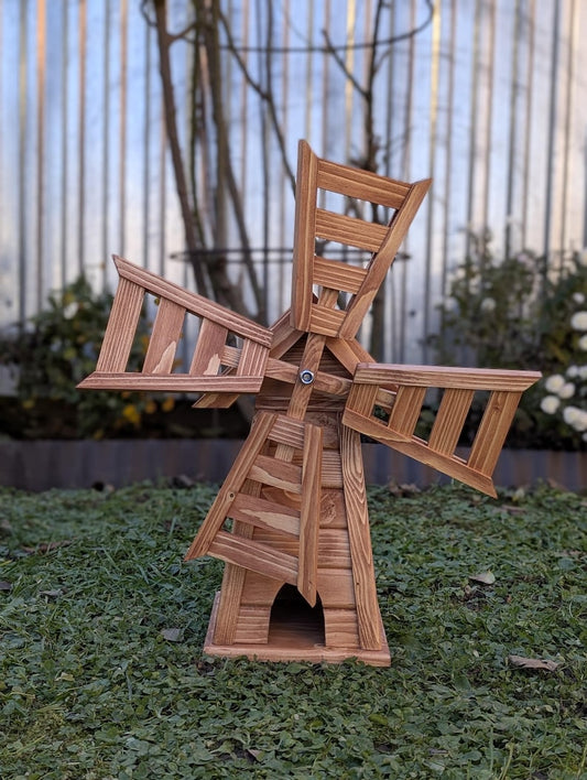 Wooden Garden Windmill with LED Lights – Four-Sided Rustic Yard Decoration