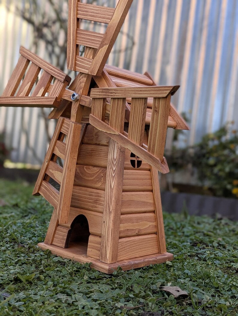 Wooden Garden Windmill with LED Lights – Four-Sided Rustic Yard Decoration
